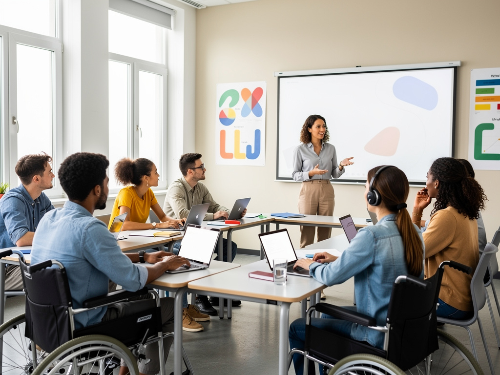 Clase inclusiva con estudiantes en sillas de ruedas usando portátiles y profesora dando presentación en aula moderna
