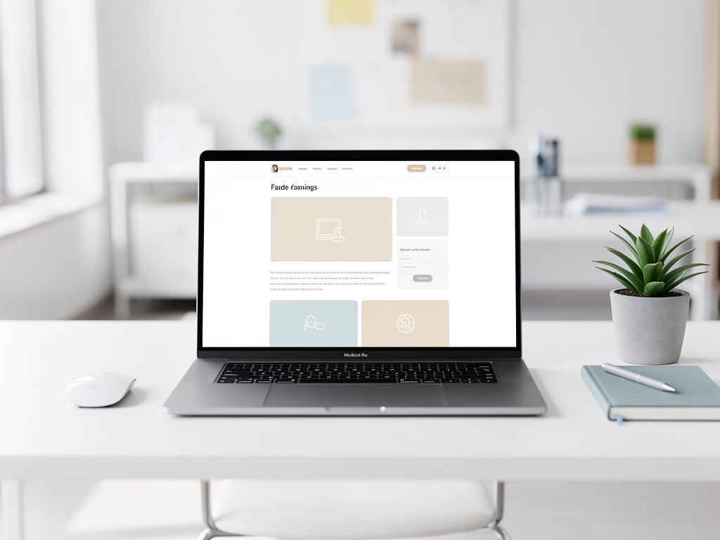 Laptop displaying a modern website on a clean office desk with mouse, notebook, pen, and potted plant Laptop displaying a modern website on a clean office desk with mouse, notebook, pen, and potted plant