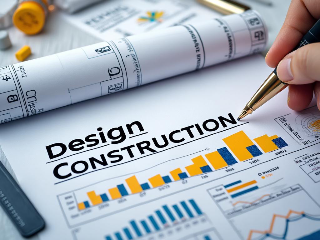 Planos arquitectónicos enrollados sobre una mesa junto a gráficos y el texto 'Design Construction', con una mano escribiendo.