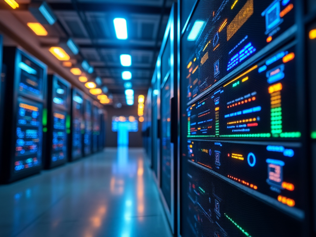 Centro de datos moderno con servidores iluminados y paneles de control.