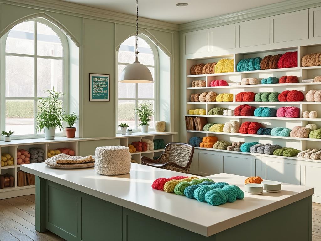 Tienda de manualidades con estanterías llenas de ovillos de lana de colores vibrantes, plantas en macetas, y una mesa central blanca.