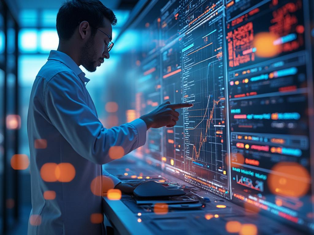 Hombre analizando gráficos de datos en una pantalla digital en un entorno tecnológico.