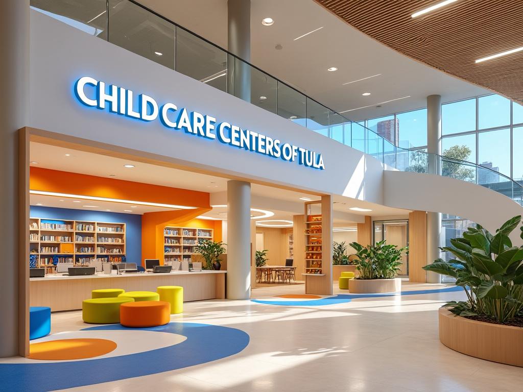 Interior moderno de centro de cuidado infantil con área de recepción colorida y plantas.