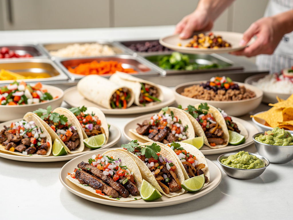 Tacos mexicanos de carne con pico de gallo, lima, guacamole y barra de ingredientes frescos Tacos mexicanos de carne con pico de gallo, lima, guacamole y barra de ingredientes frescos
