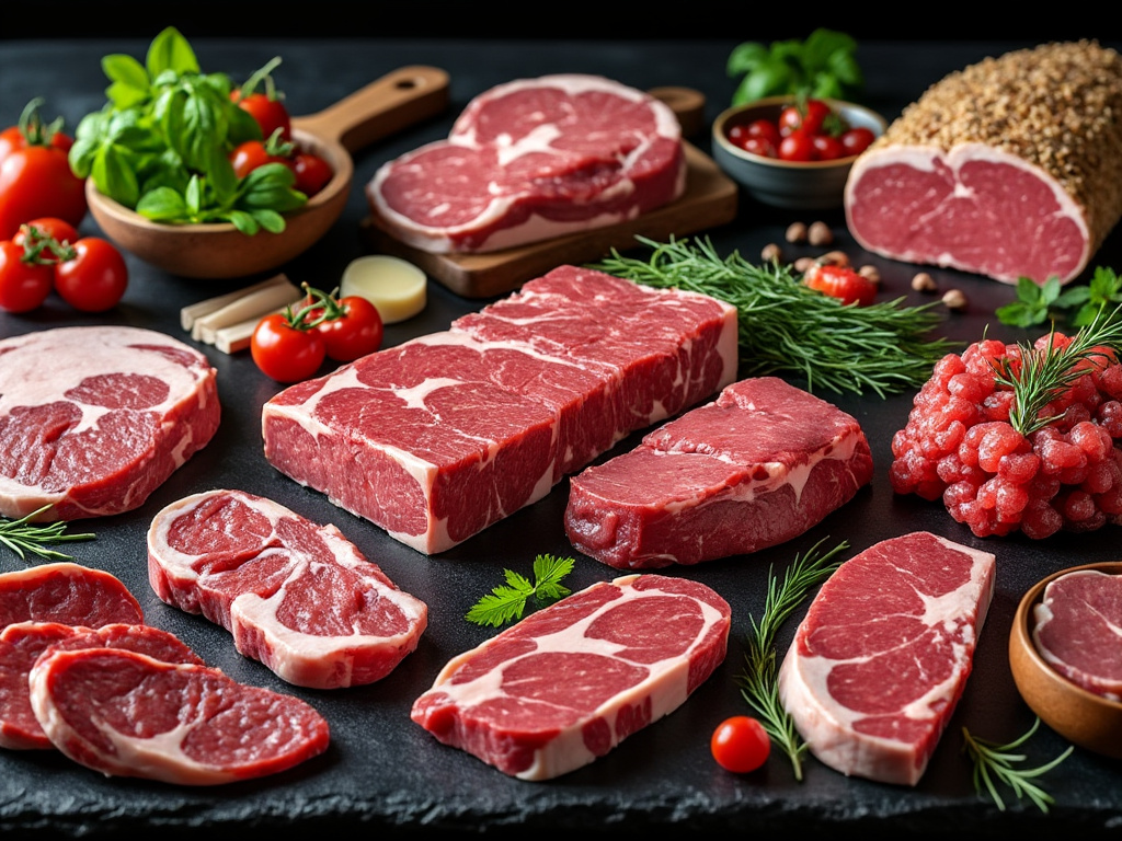 Carne cruda variada con hierbas frescas y tomates sobre una tabla de cocina.