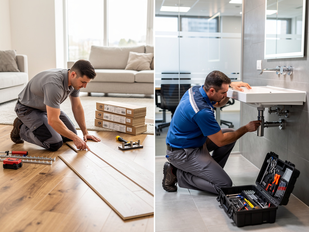 Técnicos instalando suelo laminado y reparando tuberías de lavabo con caja de herramientas en interior moderno