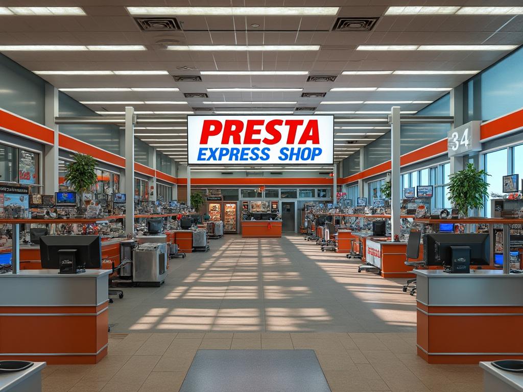 Interior de tienda PRESTA Express Shop con mostradores, pantallas y plantas decorativas.