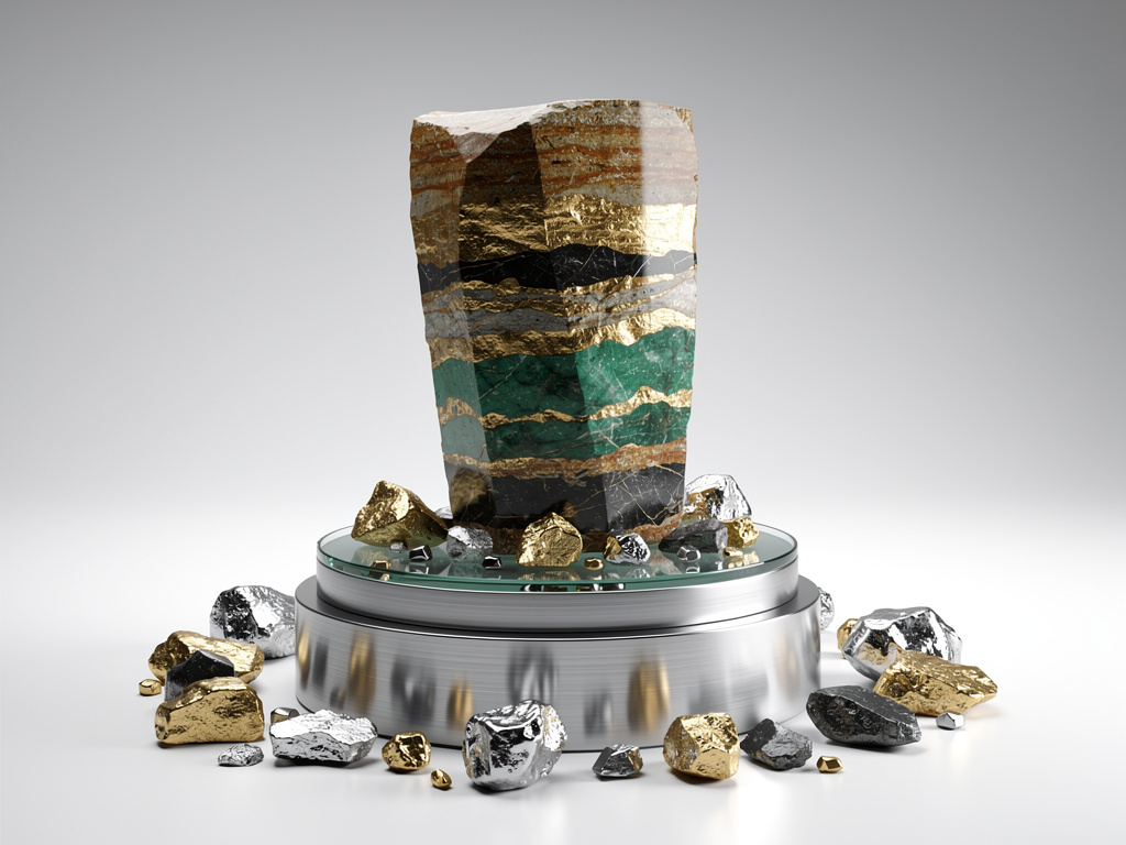 Mineral precioso con vetas doradas, verdes y negras exhibido en pedestal metálico rodeado de rocas de oro y plata