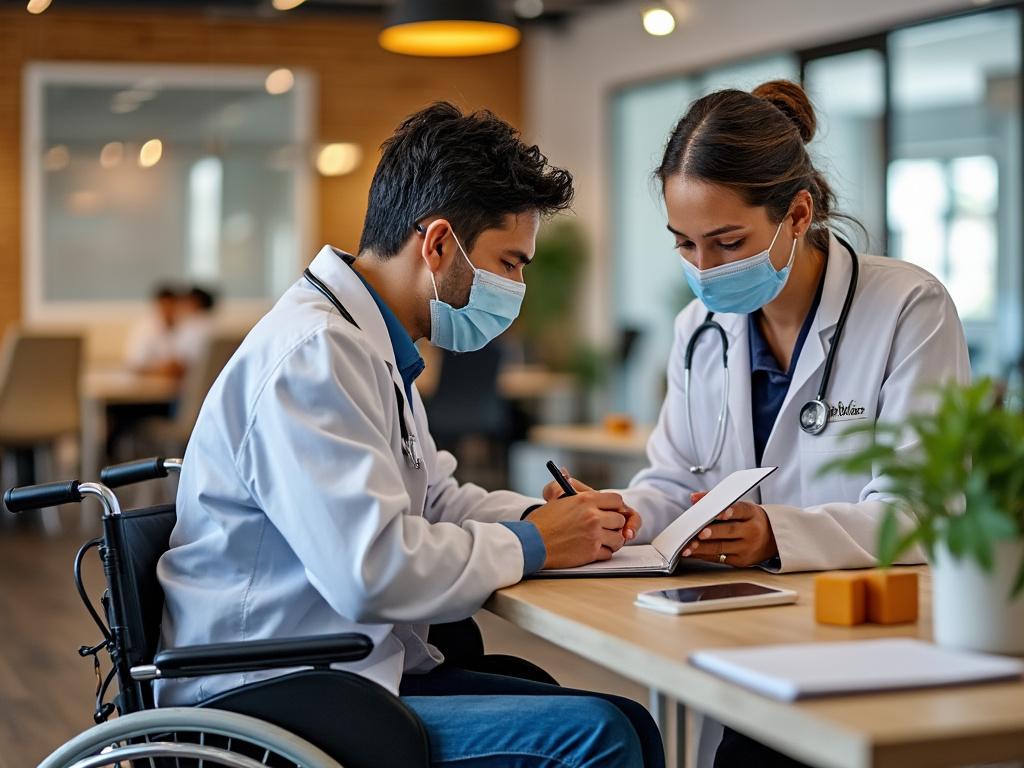Dos médicos con mascarillas, uno en silla de ruedas, revisando notas en una clínica moderna.