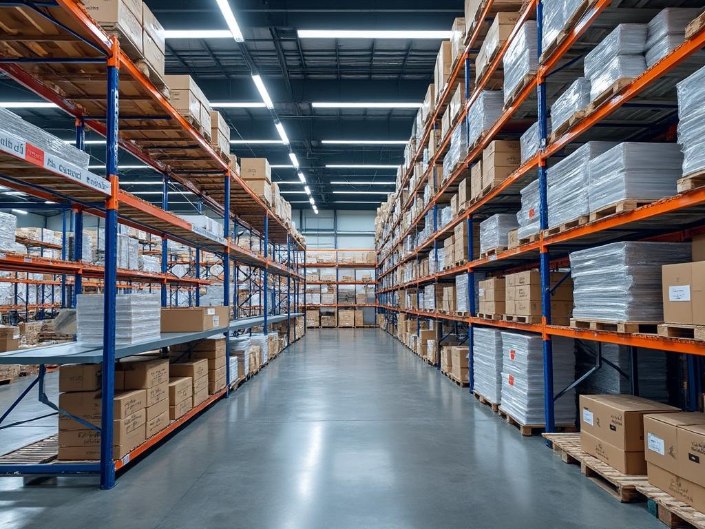 Interior de un almacén moderno con estanterías llenas de cajas y mercancías organizadas.
