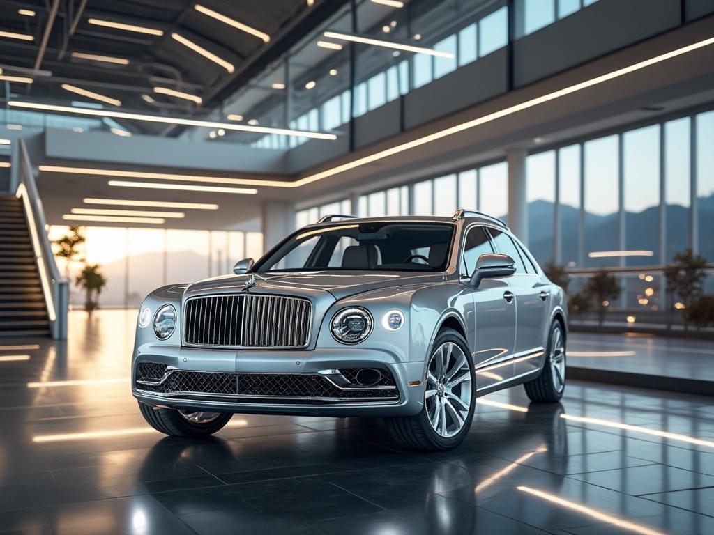 Auto de lujo plateado en un espacioso showroom con gran iluminación y ventanas panorámicas.