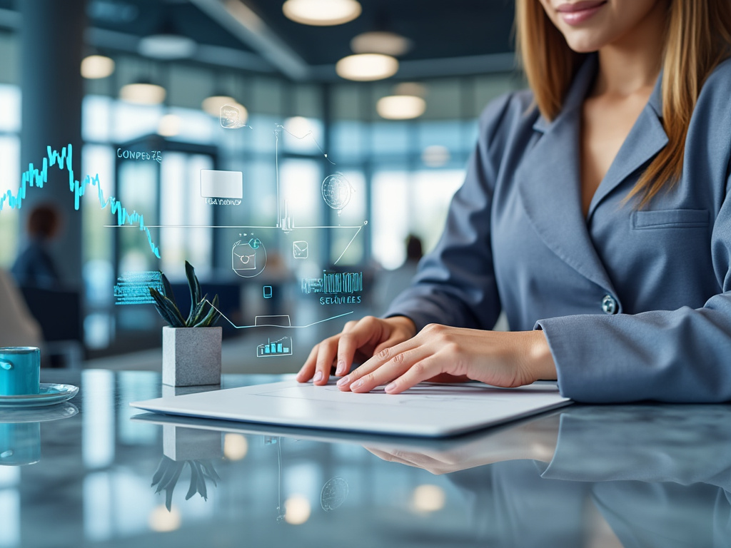 Mujer en traje de negocios trabajando en una tableta, con gráficos virtuales y análisis de datos superpuestos en una oficina moderna.