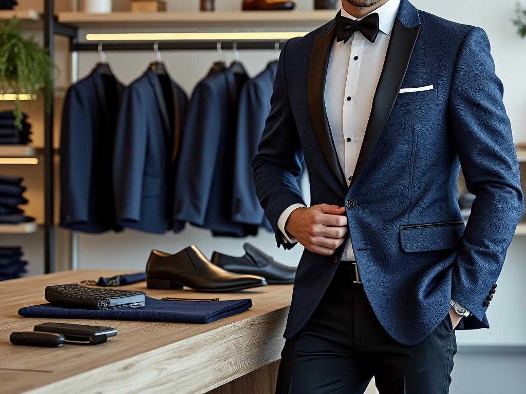 Hombre usando esmoquin azul marino, camisas y trajes en exhibición, zapatos formales y accesorios sobre la mesa en una tienda elegante.