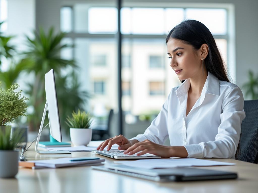 Mujer trabajando en un escritorio con computadora, rodeada de plantas, en ambiente de oficina moderno.