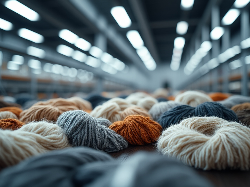 Ovillos de lana de colores en una fábrica textil iluminada con luces industriales