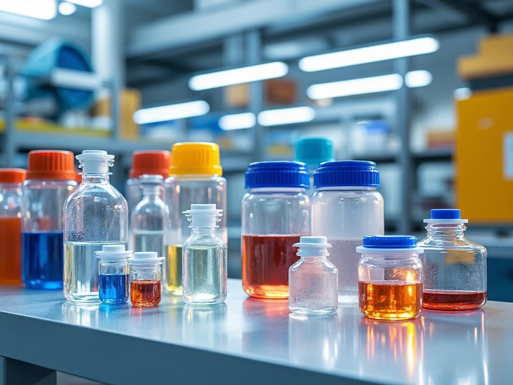 Frascos de laboratorio con líquidos de varios colores en una mesa, en un entorno de laboratorio moderno. Frascos de laboratorio con líquidos de varios colores en una mesa, en un entorno de laboratorio moderno.