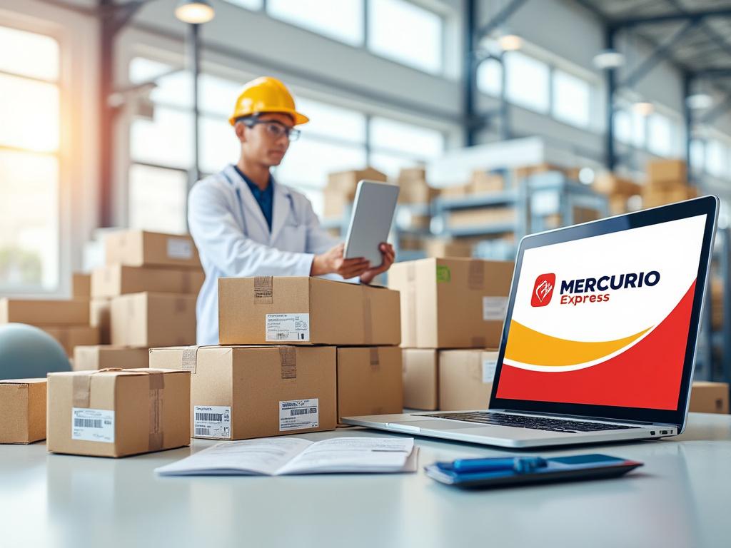 Hombre con casco y tableta en almacén con cajas apiladas; portátil con logo de Mercurio Express en primer plano. Hombre con casco y tableta en almacén con cajas apiladas; portátil con logo de Mercurio Express en primer plano.