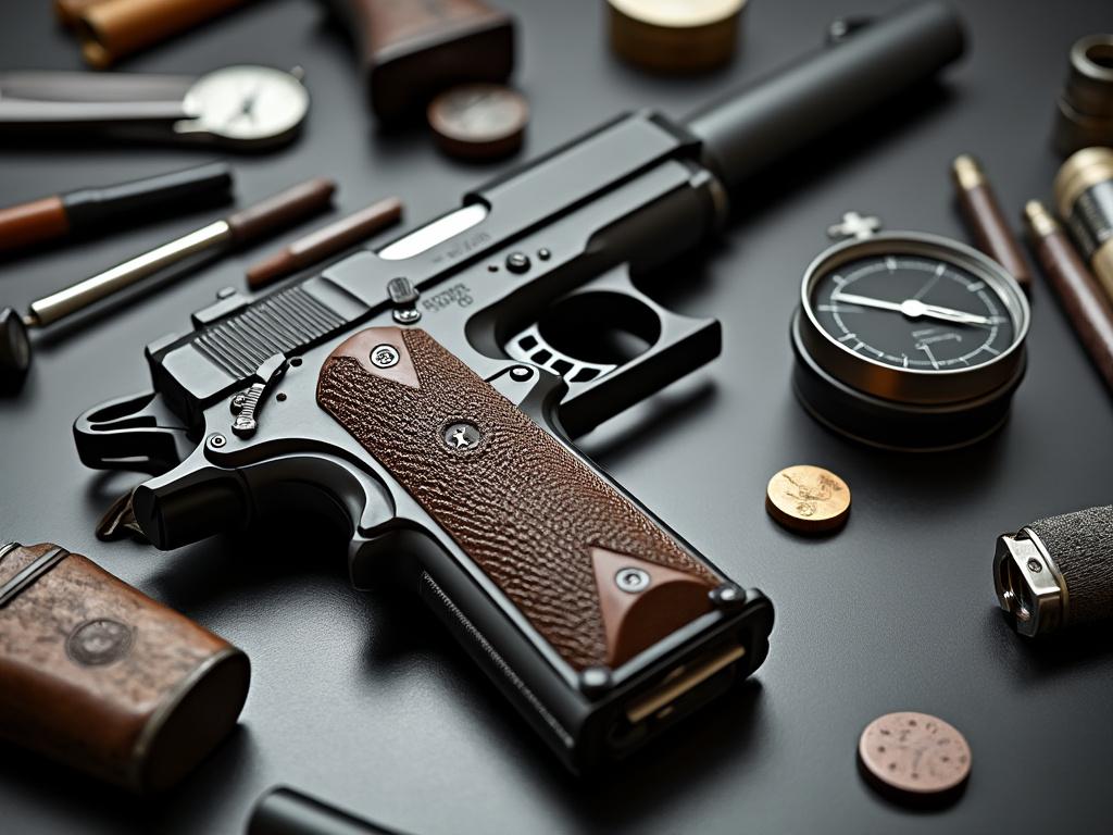 Close-up of a black handgun with a wooden grip placed on a table surrounded by various objects like a watch, coins, and a lighter.