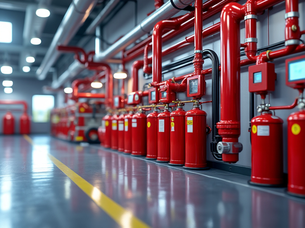 Sistema industrial de extinción de incendios con tuberías rojas, cilindros y equipos de seguridad contra incendios Sistema industrial de extinción de incendios con tuberías rojas, cilindros y equipos de seguridad contra incendios