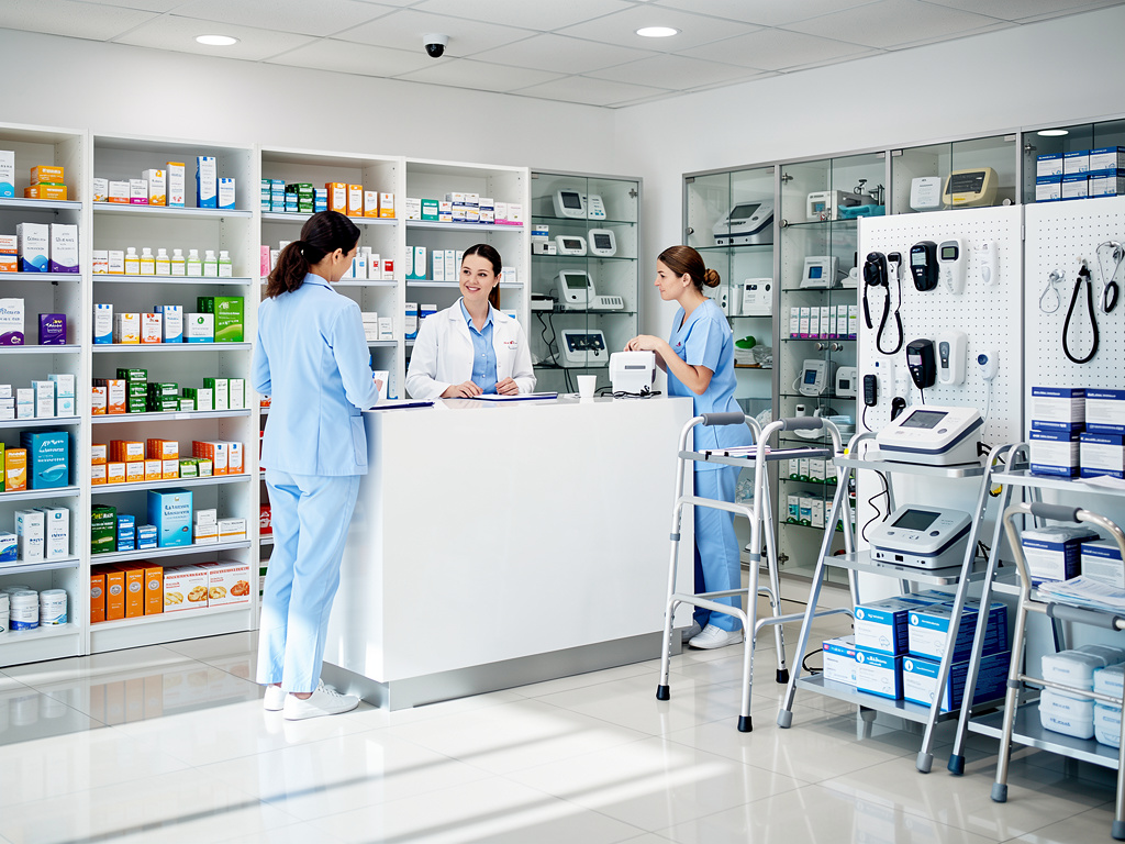 Personal médico en tienda de suministros sanitarios con estanterías de medicamentos, equipos médicos y andadores Personal médico en tienda de suministros sanitarios con estanterías de medicamentos, equipos médicos y andadores