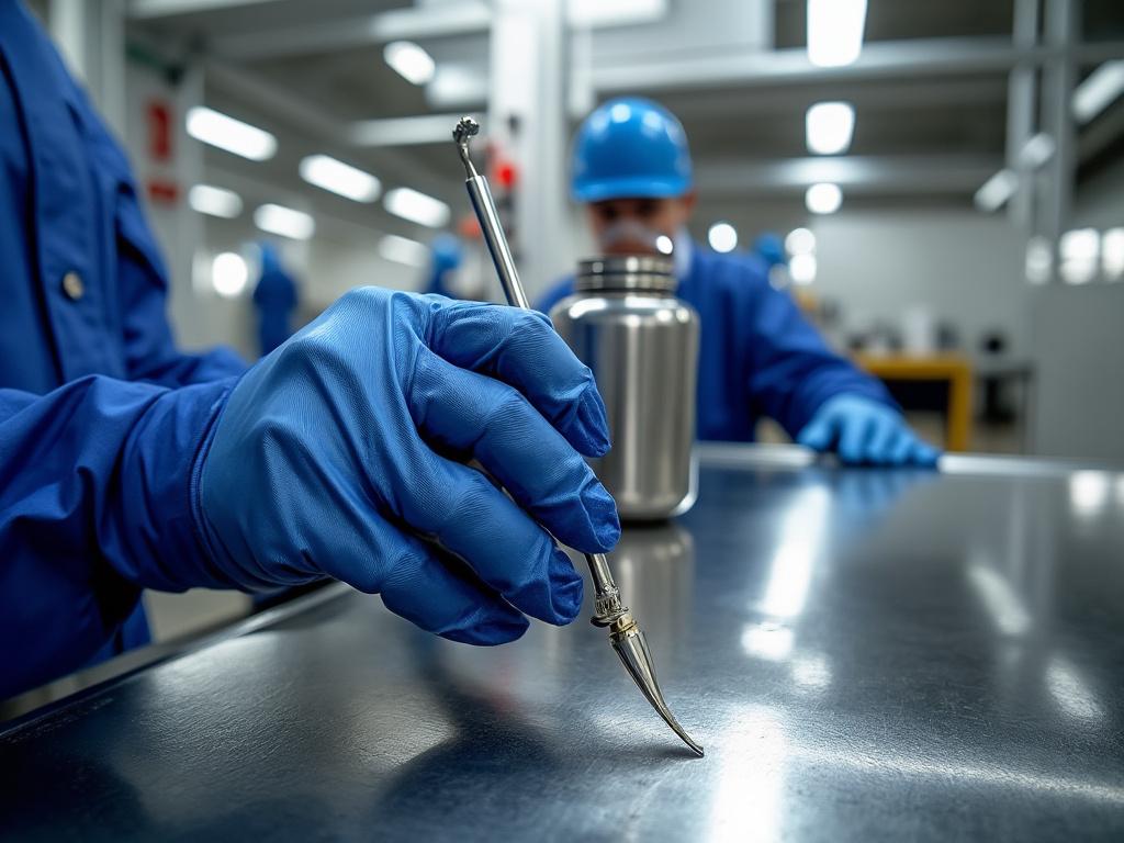 Primer plano de una mano con guantes azules manipulando un instrumento de precisión en un laboratorio, mientras otra persona con casco de seguridad azul observa al fondo.
