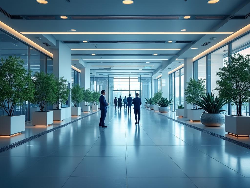 Personas caminando en un pasillo moderno con plantas y grandes ventanales.