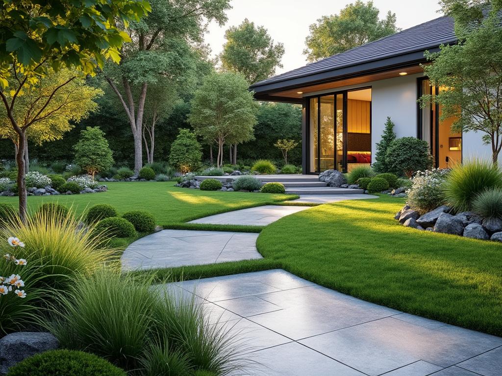 Jardín moderno con césped cuidado, camino de piedra, plantas ornamentales y una casa de diseño contemporáneo al fondo.