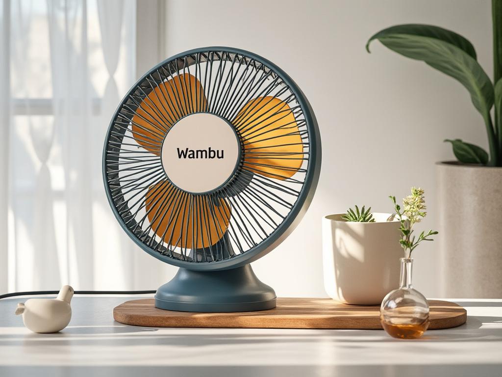 Ventilador de mesa Wambu junto a plantas en macetas, iluminación natural.