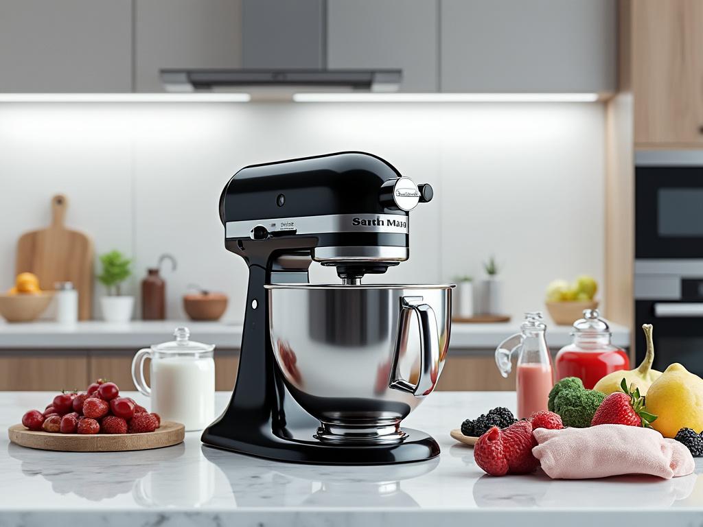 Batidora de pie negra en cocina moderna con frutas y leche en el mostrador.