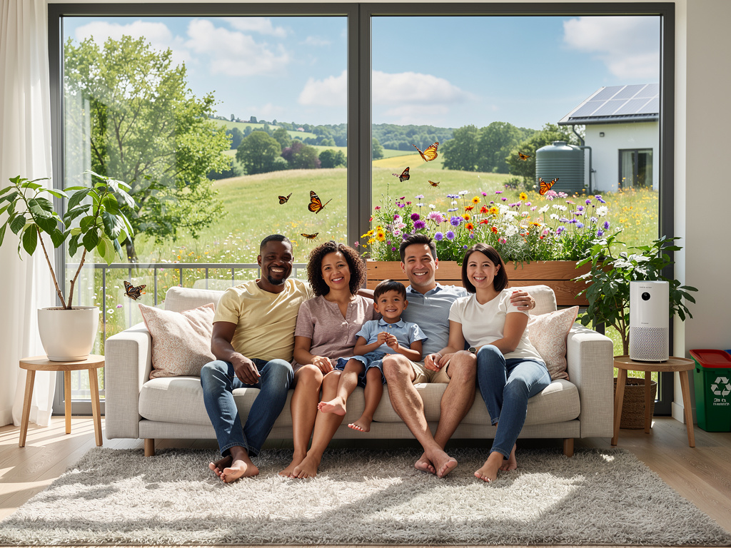 Familia feliz en sala luminosa con plantas, purificador de aire y vista a jardín con flores, mariposas y paneles solares