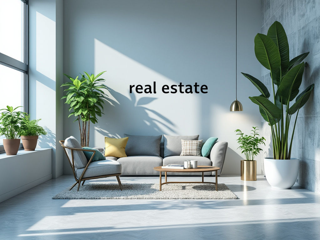 Sala de estar moderna con plantas, sofá gris y decoración minimalista bajo luz natural, texto 'real estate' en pared.
