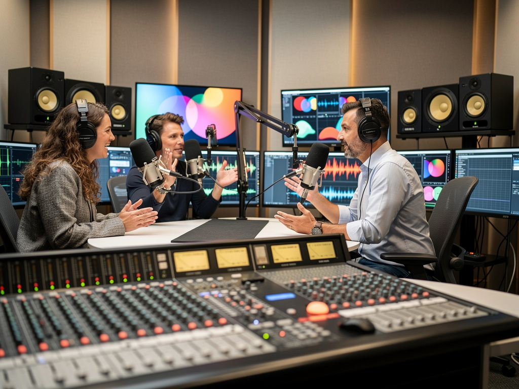 Presentadores grabando un podcast en estudio profesional con micrófonos, auriculares, monitores de audio y mesa de mezclas
