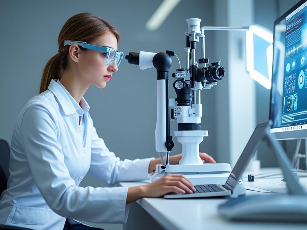 Optometrista con bata blanca realizando examen ocular en laboratorio con equipo especializado, junto a computadora.