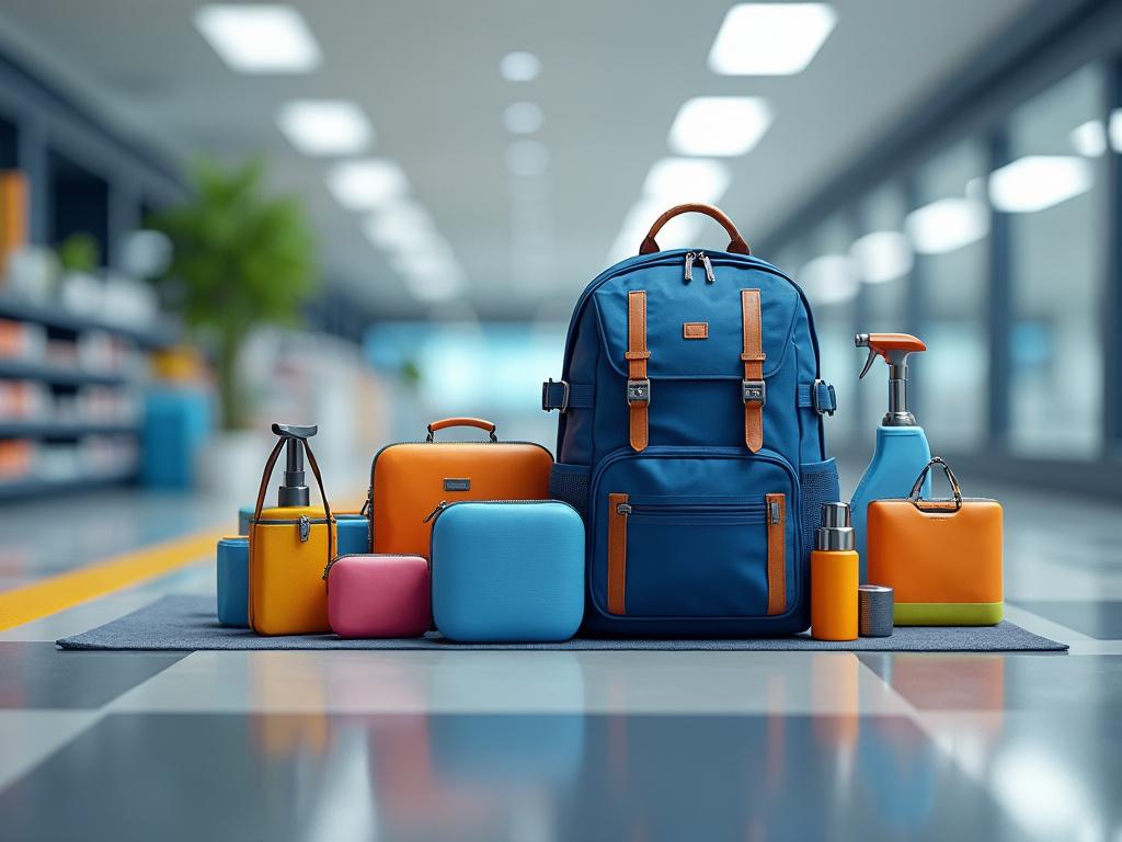 Mochila azul con detalles marrones rodeada de recipientes y bolsas de colores en un pasillo bien iluminado.