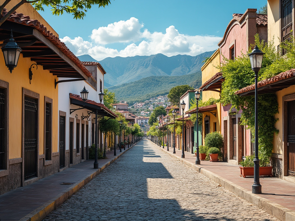 Calle empedrada con coloridas casas coloniales y montañas al fondo bajo un cielo azul despejado. Calle empedrada con coloridas casas coloniales y montañas al fondo bajo un cielo azul despejado.