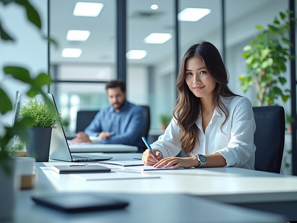 Mujer joven escribiendo en una oficina moderna, con plantas y una computadora portátil.
