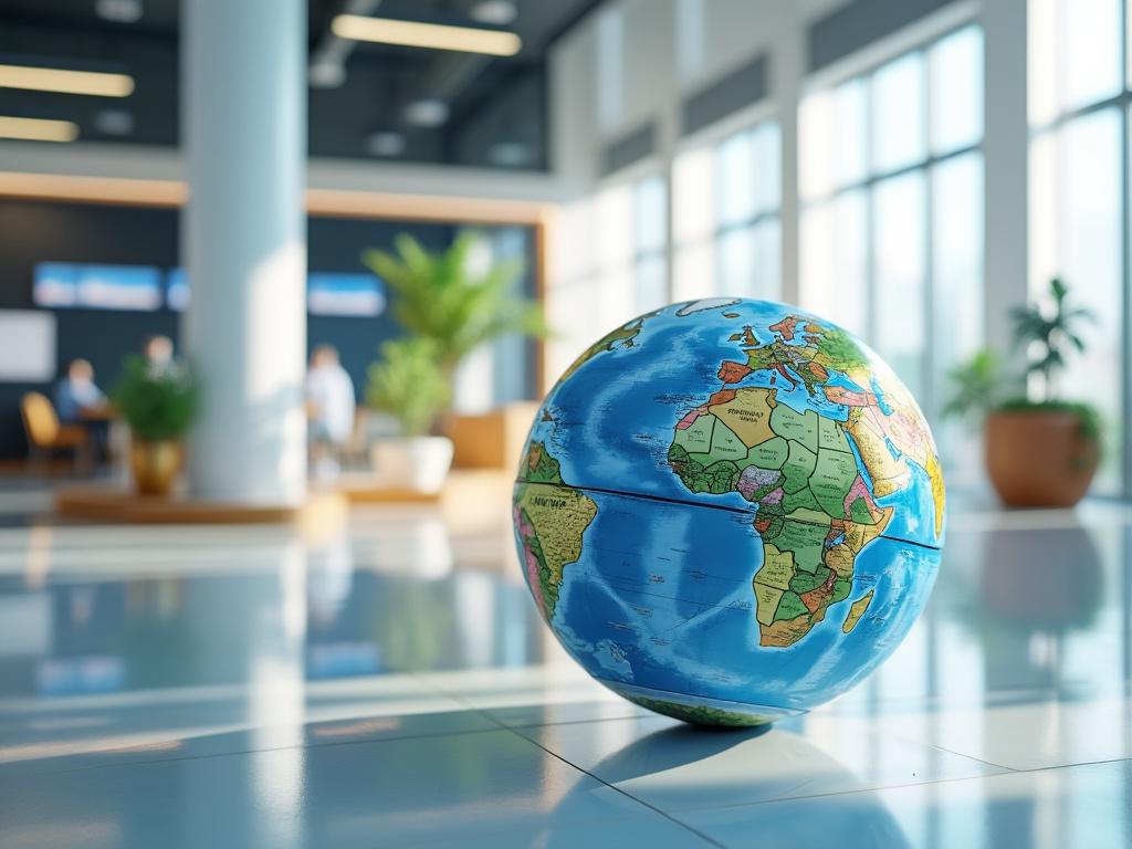 Globo terráqueo en una oficina moderna con luz natural y plantas.