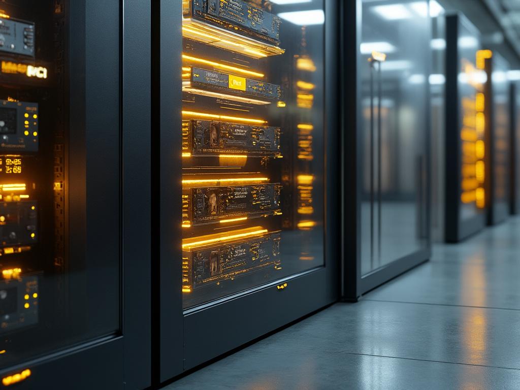 Servidor de datos con luces LED naranjas en un centro de datos moderno y bien iluminado.
