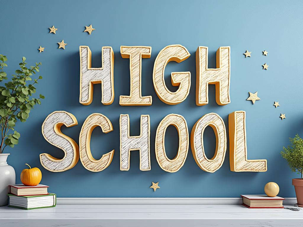 Decoración escolar con letras 'HIGH SCHOOL', libros, calabaza y plantas sobre fondo azul.