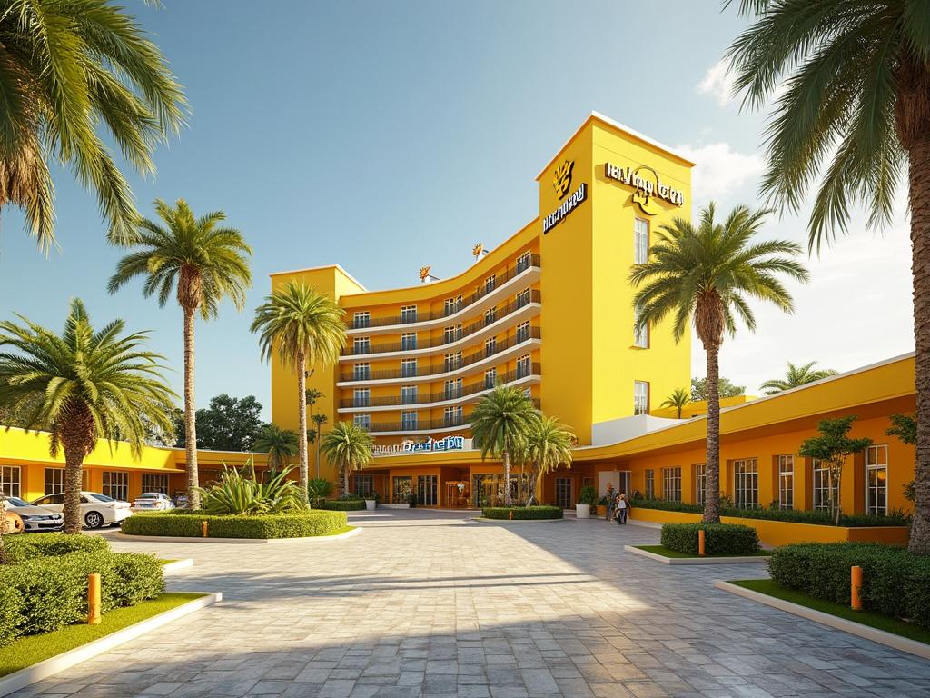 Hotel amarillo de estilo moderno con palmeras y cielo despejado
