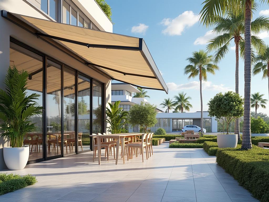 Terraza de restaurante moderno con toldo beige, mesas de madera, plantas en macetas grandes, rodeada de palmeras y cielo azul. Terraza de restaurante moderno con toldo beige, mesas de madera, plantas en macetas grandes, rodeada de palmeras y cielo azul.