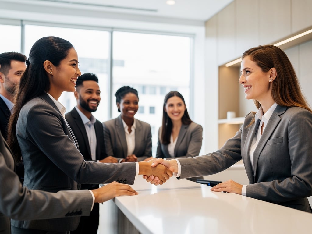 Diverse business team in suits shaking hands during a successful corporate meeting in modern office