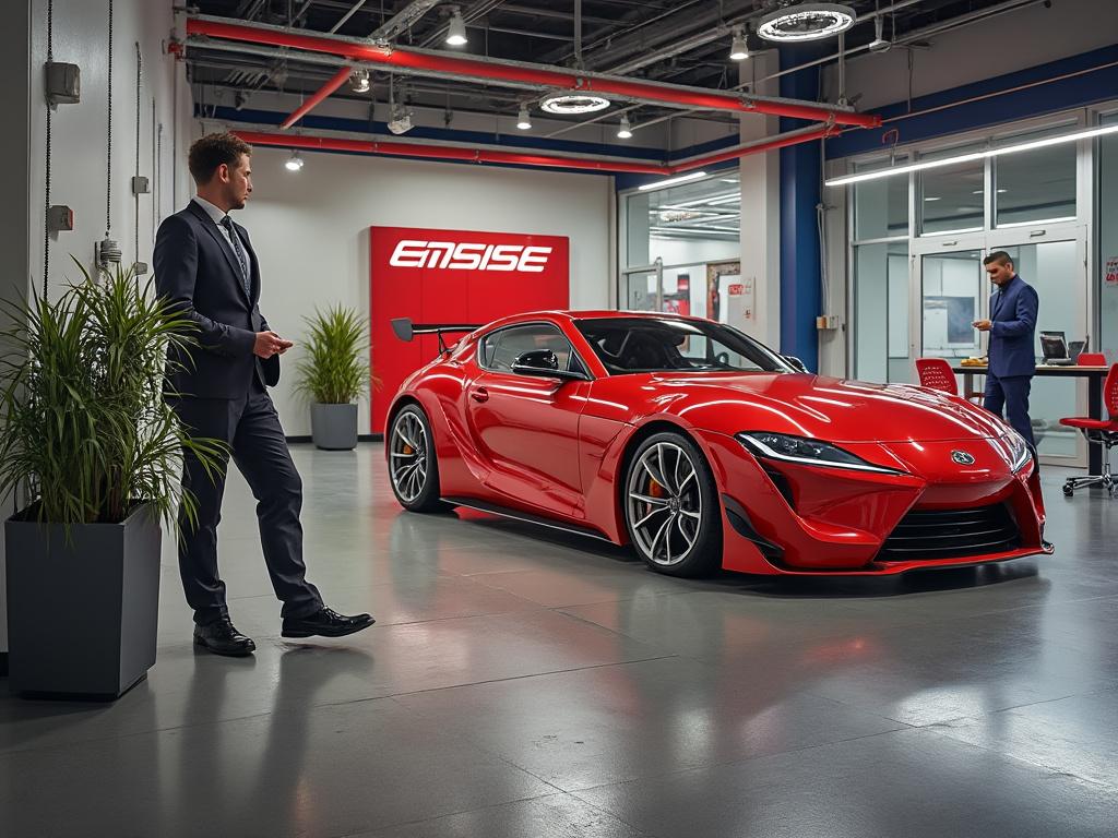 Coche deportivo rojo moderno en un concesionario con dos hombres bien vestidos en el fondo.