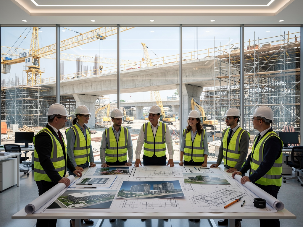 Equipo de ingenieros y arquitectos revisando planos en oficina frente a obra de construcción con grúas y andamios