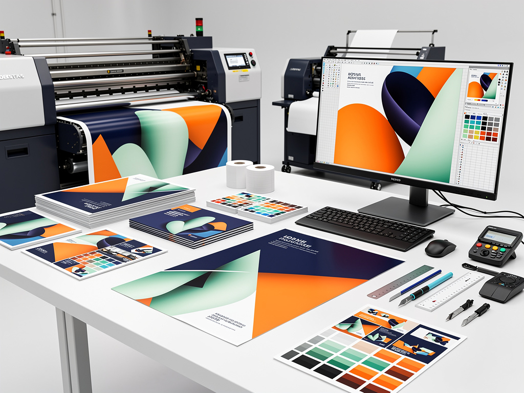 Imprenta digital con plotter de gran formato, monitor de diseño gráfico y materiales impresos coloridos sobre mesa de trabajo