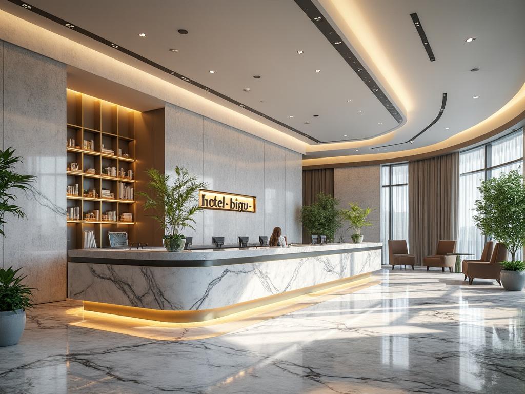 Recepción moderna de hotel con mostrador de mármol, elegante decoración e iluminación ambiental, plantas y muebles minimalistas.