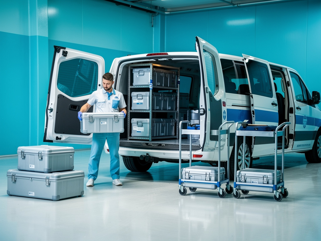 Técnico sanitario cargando contenedores médicos en una furgoneta refrigerada de transporte logístico
