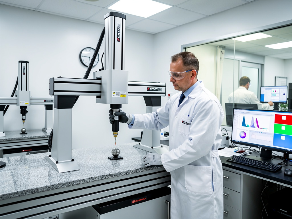 Técnico de laboratorio usando máquina de medición por coordenadas CMM para control de calidad industrial