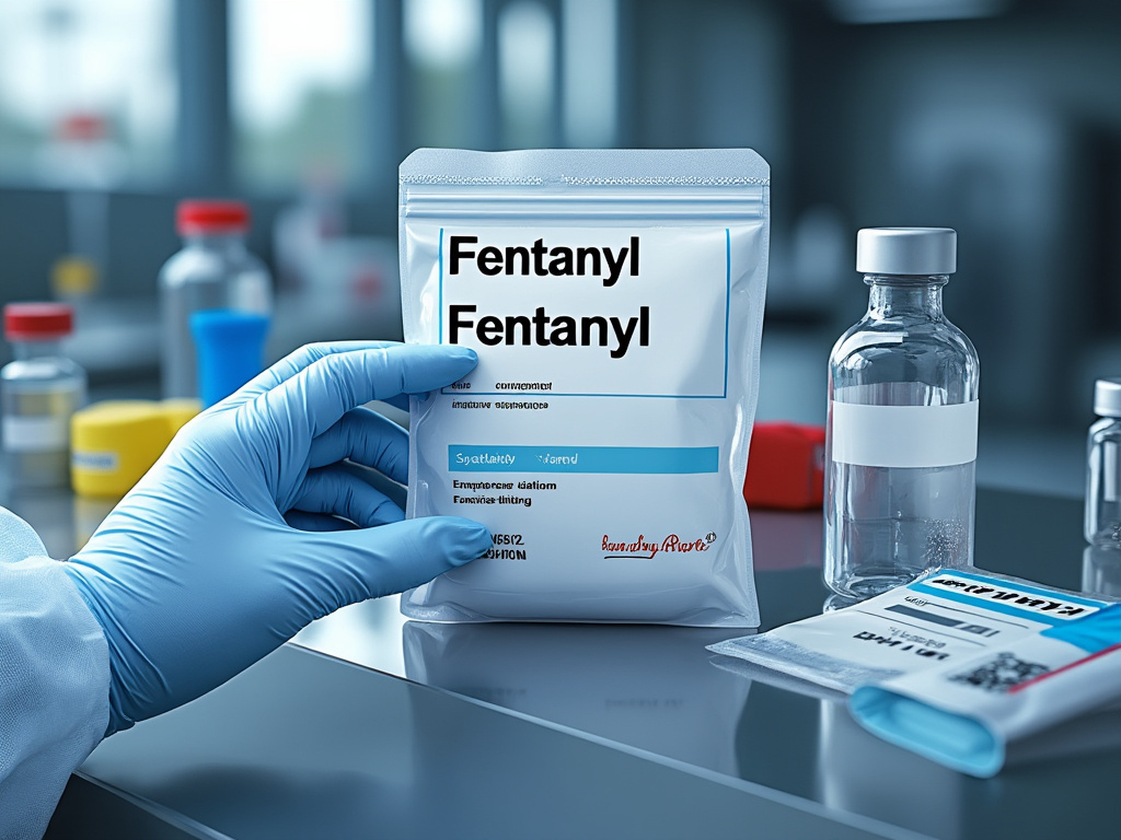 Mano con guante sosteniendo paquete de fentanilo en laboratorio farmacéutico con viales médicos