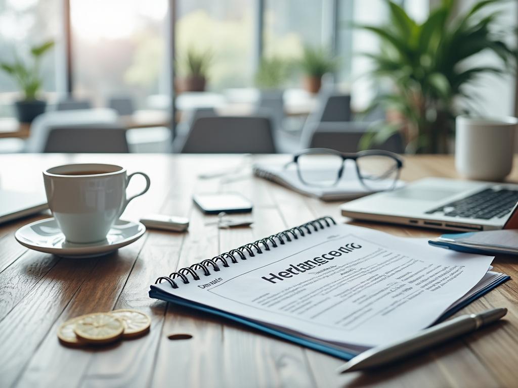 Mesa de oficina con taza de café, cuaderno de espiral, gafas, ordenador portátil y planta de fondo.
